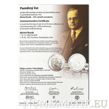 Commemorative Certificate 10 EURO/2019 - Michal Bosák - 150th anniversary of the birth