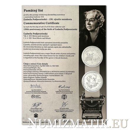 Commemorative Certificate 10 EURO/2022 - Ľudmila Podjavorinská - 150th anniversary of the birth