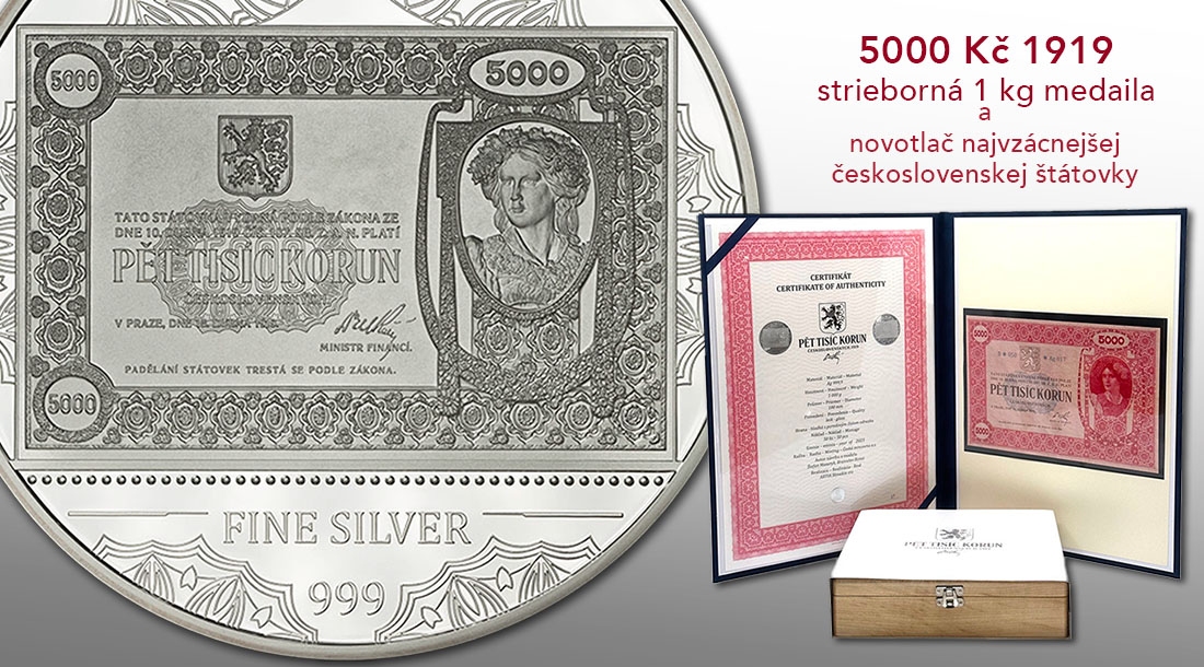 5000 Kč 1919 - strieborná 1 kg medaila a novotlač štátovky
