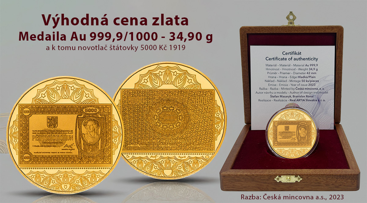 5000 Kč 1919 - zlatá medaila a novotlač štátovky