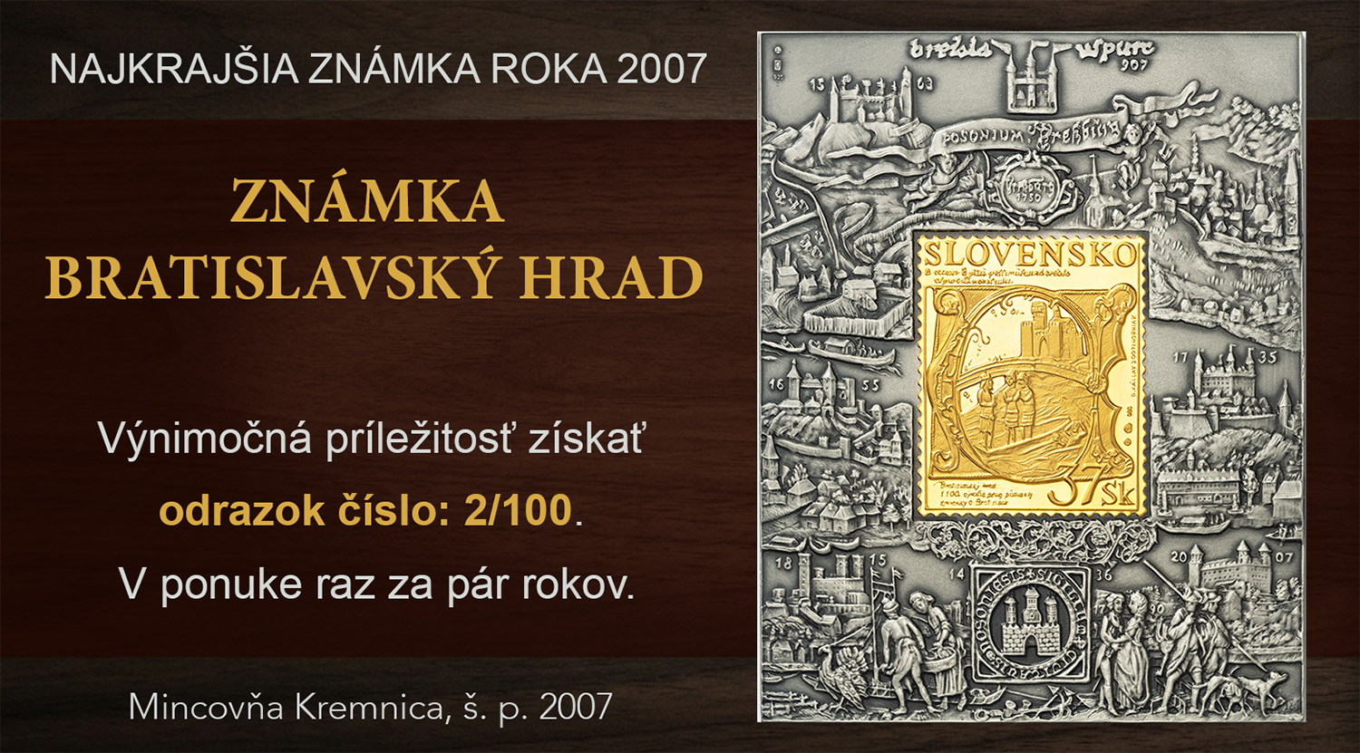 Známka Bratislavský hrad v hárčekovej úprave - zlatá a strieborná plaketa v etui