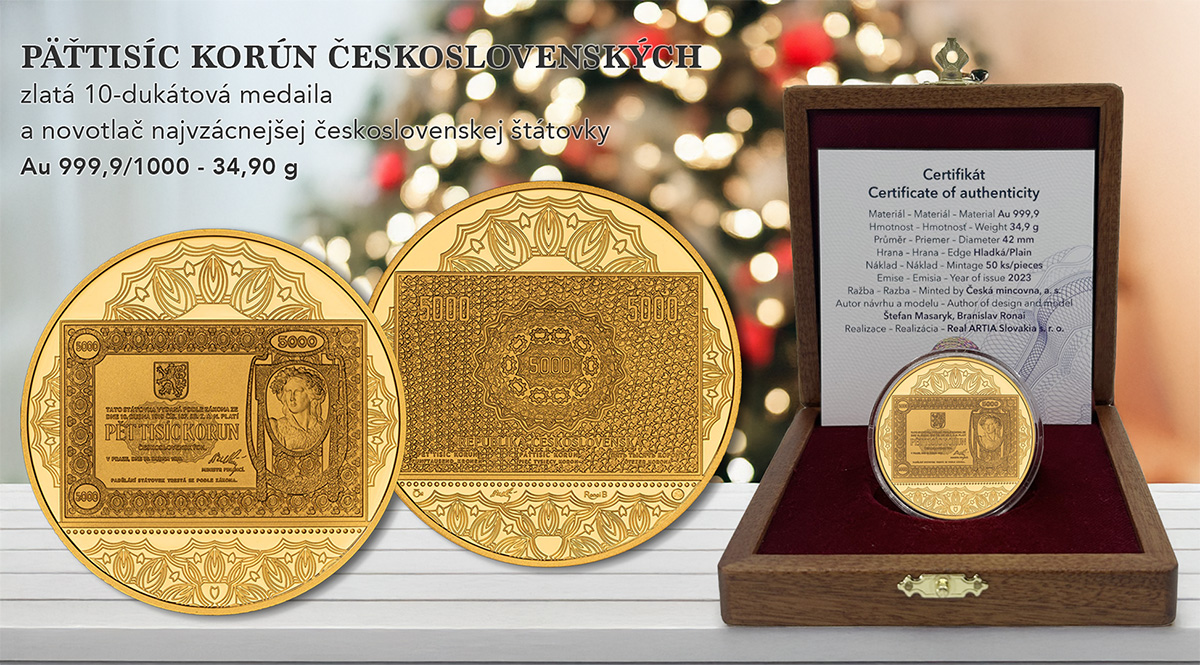 5000 Kč 1919 - zlatá medaila a novotlač štátovky