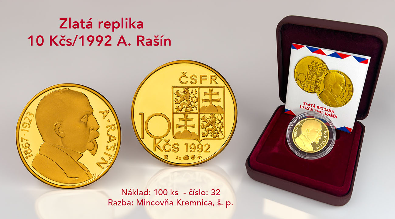 10 Kčs/1992 A. Rašín - zlatá replika