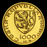 Averz zlatej mince 1000 Kč 1998 - Karel IV. - založenie hradu Karlštejn v roku 1348 