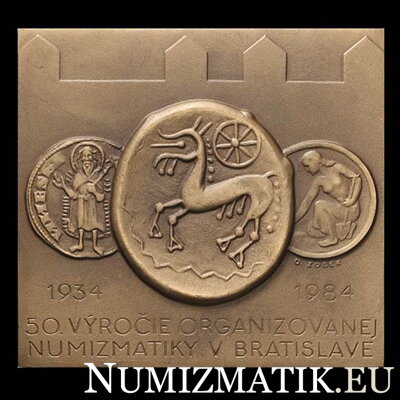 50. výročie organizovanej numizmatiky v Bratislave, tombaková plaketa - D. Zobek