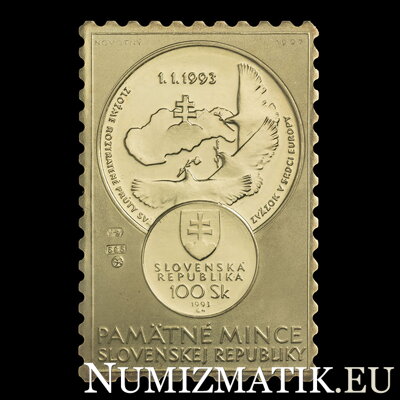 Vznik SR - zlatá plaketa s vyobrazením prvej pamätnej mince - Š. Novotný