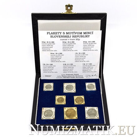 Plakety s motívom mincí Slovenskej republiky - zlaté a strieborné klipy v etui