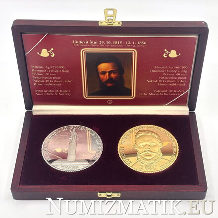 Rok Ľudovíta Štúra - 190. výročie narodenia, 150. výročie úmtia, zlatá a strieborná medaila v etui - Š. Novotný Rok Ľudovíta Štúra - 190. výročie narodenia, 150. výročie úmtia, zlatá a strieborná medaila v etui - Š. Novotný
