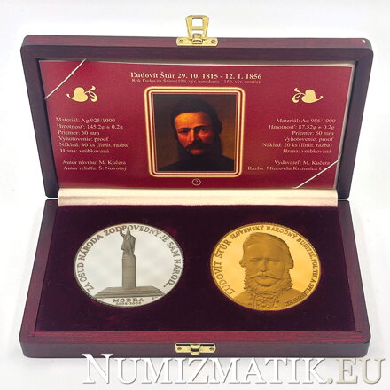 Rok Ľudovíta Štúra - 190. výročie narodenia, 150. výročie úmtia, zlatá a strieborná medaila v etui - Š. Novotný Rok Ľudovíta Štúra - 190. výročie narodenia, 150. výročie úmtia, zlatá a strieborná medaila v etui - Š. Novotný