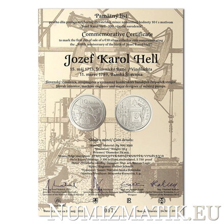 Commemorative Certificate 10 EURO/2013 - Jozef Karol Hell – 300th anniversary of the birth