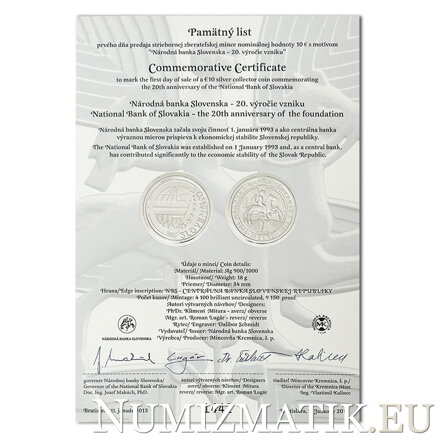 Commemorative Certificate 10 EURO/2013 - 20th anniversary of Národná banka Slovenska