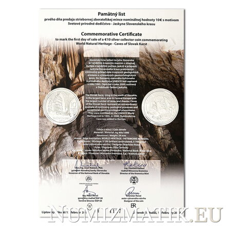 Commemorative Certificate 10 EURO/2017 - UNESCO World Heritage – Caves of Slovak Karst