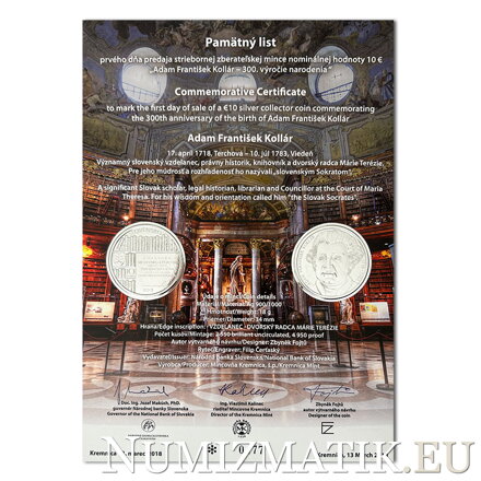Commemorative Certificate 10 EURO/2018 - Adam František Kollár - 300th anniversary of the birth