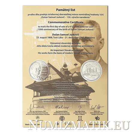 Commemorative Certificate 10 EURO/2018 - Dušan Samuel Jurkovič - 150th anniversary of the birth