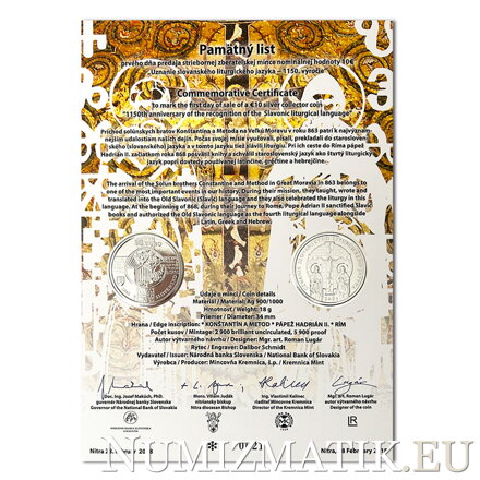 Commemorative Certificate 10 EURO/2018 - 1150th anniversary of the recognition of the Slavonic liturgical language