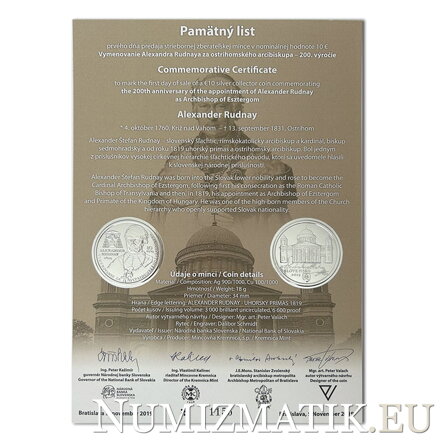 Commemorative Certificate 10 EURO/2019 - Alexander Rudnay - the 200th anniversary of the appointment as Archbishop of Esztergom