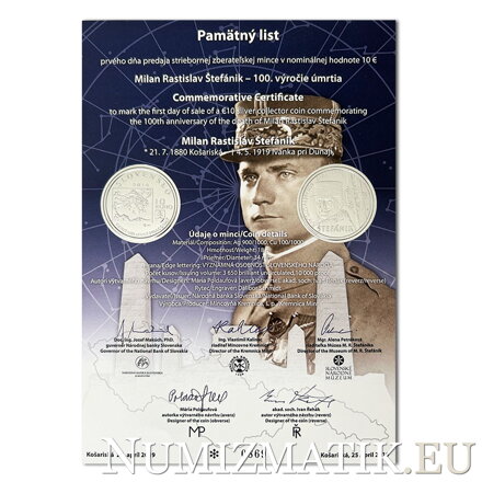 Commemorative Certificate 10 EURO/2019 - Milan Rastislav Štefánik - 100th anniversary of the death