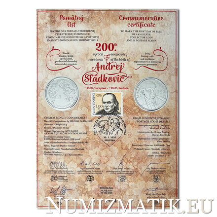 Commemorative Certificate 10 EURO/2020 - Andrej Sládkovič - 200th anniversary of the birth