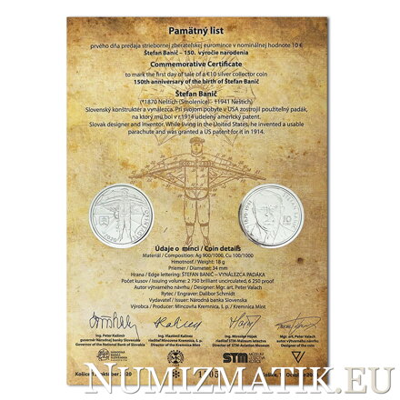 Commemorative Certificate 10 EURO/2020 - Štefan Banič - 150th anniversary of the birth