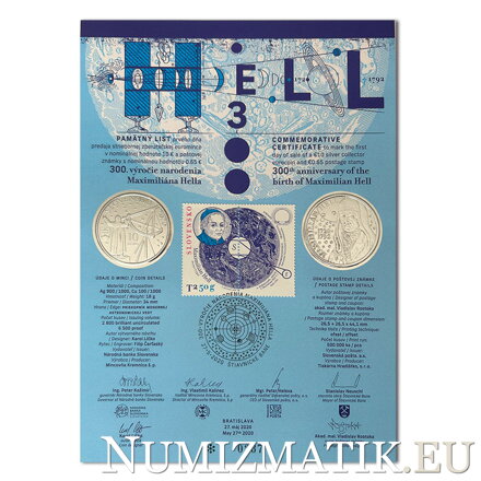 Commemorative Certificate 10 EURO/2020 - Maximilián Hell - 300th anniversary of the birth