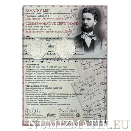 Commemorative Certificate 10 EURO/2021 - Janko Matúška - 200th anniversary of the birth