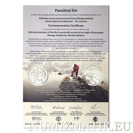 Commemorative Certificate 10 EURO/2021 - 50th anniversary of the first successful ascent of an eight-thousander (Nanga Parbat) by Slovak climbers