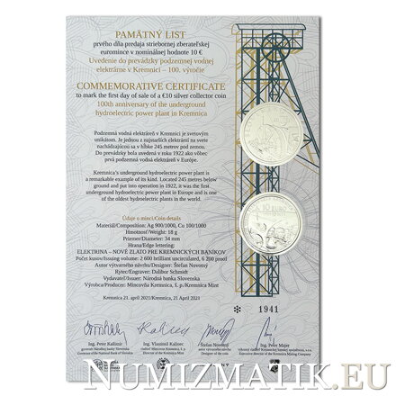 Commemorative Certificate 10 EURO/2021 - 100th anniversary of the underground hydroelectric power plant in Kremnica