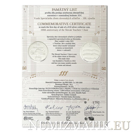 Commemorative Certificate 10 EURO/2021 - the 100th anniversary of the Slovak Teachers’ Choir