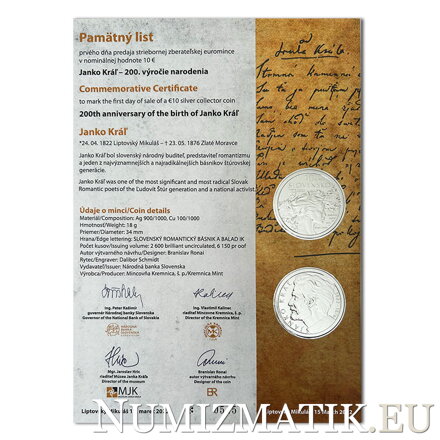 Commemorative Certificate 10 EURO/2022 - Janko Kráľ - 200th anniversary of the birth