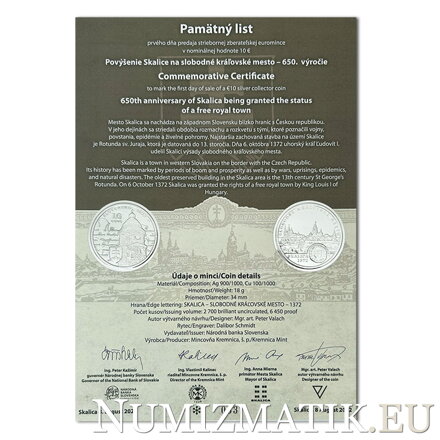 Commemorative Certificate 10 EURO/2022 - 650th anniversary of Skalica being granted the status of a free royal town