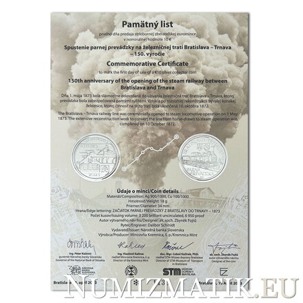 Commemorative Certificate 10 EURO/2023 - 150th anniversary of the opening of the steam railway between Bratislava and Trnava