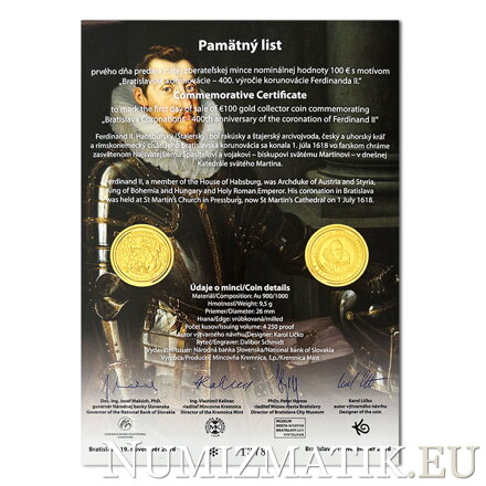 Pamätný list 100 EURO/2018 - Ferdinand II. - 400. výročie korunovácie v Bratislave