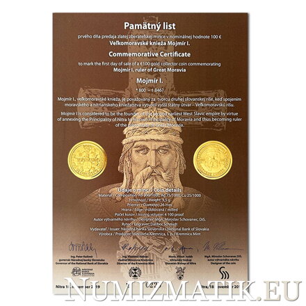 Commemorative Certificate 100 EURO/2019 - Mojmír I, ruler of Great Moravia
