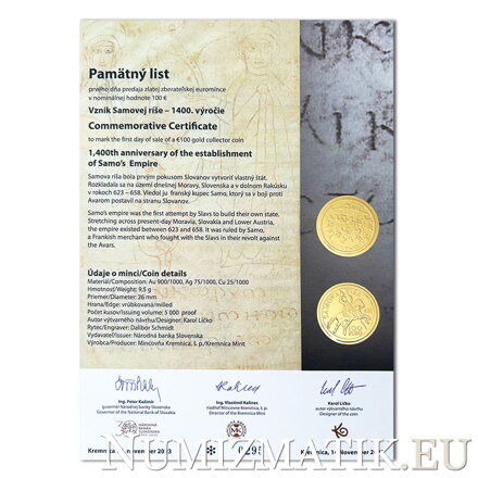 Commemorative Certificate 100 EURO/2023 - 1400th anniversary of the establishment of Samo’s Empire