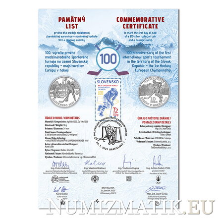 Pamätný list 10 EURO/2025 - Majstrovstvá Európy v hokeji - 100. výročie prvého medzinárodného športového turnaja na území SR
