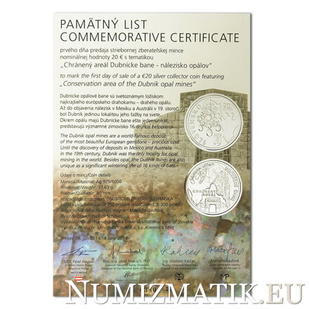 Commemorative Certificate 20 EURO/2014 - The Dubník opal mines conservation area