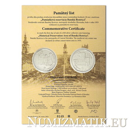 Commemorative Certificate 20 EURO/2016 - Banská Bystrica Heritage Site