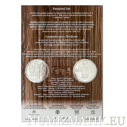 Pamätný list 20 EURO/2017 - Levoča, pamiatková rezervácia a 500. výročie dokončenia hlavného oltára v Kostole sv. Jakuba