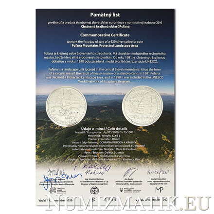 Commemorative Certificate 20 EURO/2020 - Poľana Mountains Protected Landscape Area