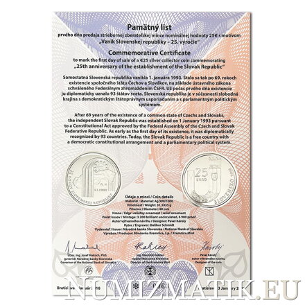 Commemorative Certificate 25 EURO/2018 - 25th anniversary of the establishment of the Slovak Republic