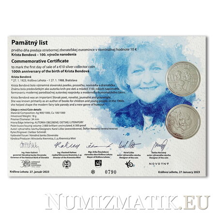 Commemorative Certificate 10 EURO/2023 - 100th anniversary of the birth of Krista Bendová