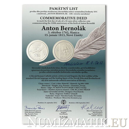Commemorative Certificate 10 EURO/2012 - Anton Bernolák – 250th anniversary of the birth