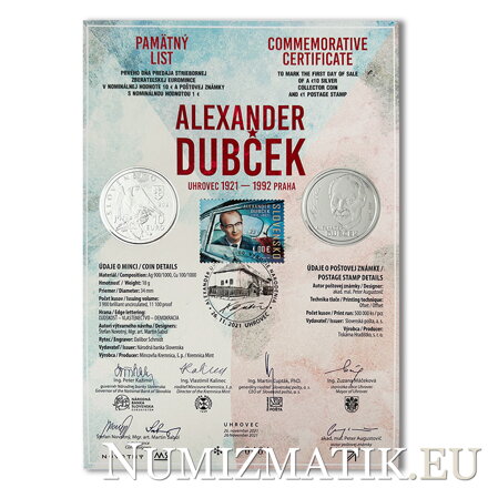 Commemorative Certificate 10 EURO/2021 - Alexander Dubček - 100th anniversary of the birth