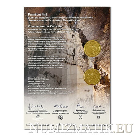 Pamätný list 100 EURO/2017 - Svetové prírodné dedičstvo – Jaskyne Slovenského krasu