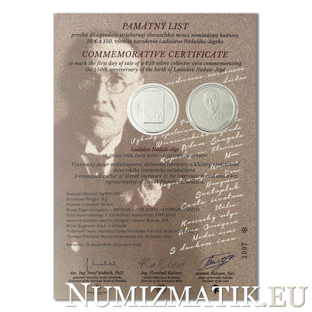 Commemorative Certificate 10 EURO/2016 - Ladislav Nádaši-Jégé - 150th anniversary of the birth