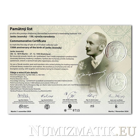 Pamätný list 10 EURO/2024 - Janko Jesenský - 150. výročie narodenia