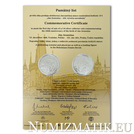 Commemorative Certificate 10 EURO/2016 - Ján Jessenius - 450th anniversary of the birth
