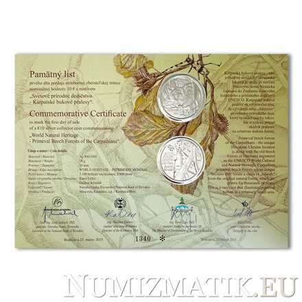 Commemorative Certificate 10 EURO/2015 - Primeval Beech Forests of the Carpathians - UNESCO World Heritage