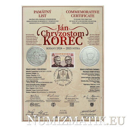 Pamätný list 10 EURO/2024 - Ján Chryzostom Korec - 100. výročie narodenia
