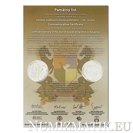 Pamätný list 10 EURO/2022 - Začiatok osídľovania Kovačice Slovákmi - 220. výročie